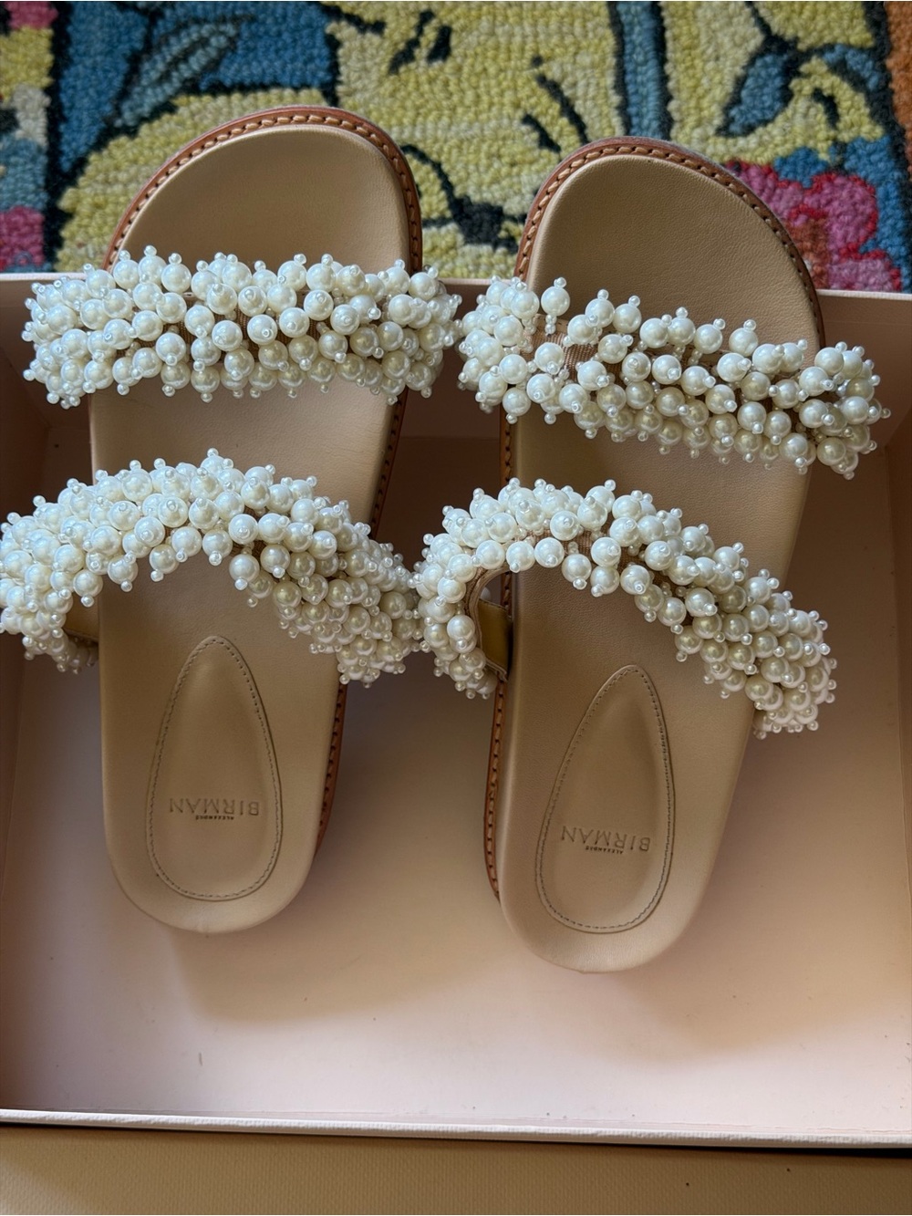 Alexandre Birman Pearl-Embellished Cream Double-Strap Slide Sandals